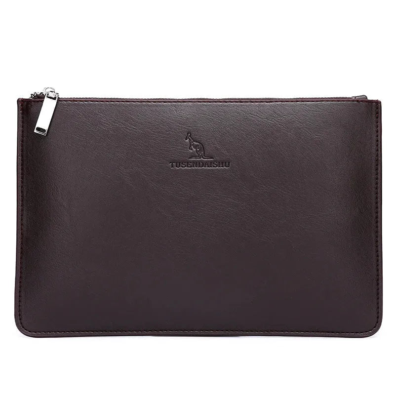 Men's soft PU leather clutch in a plaid pattern, showing internal card slots and zipper pocket.