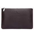 Men's soft PU leather clutch in a plaid pattern, showing internal card slots and zipper pocket.