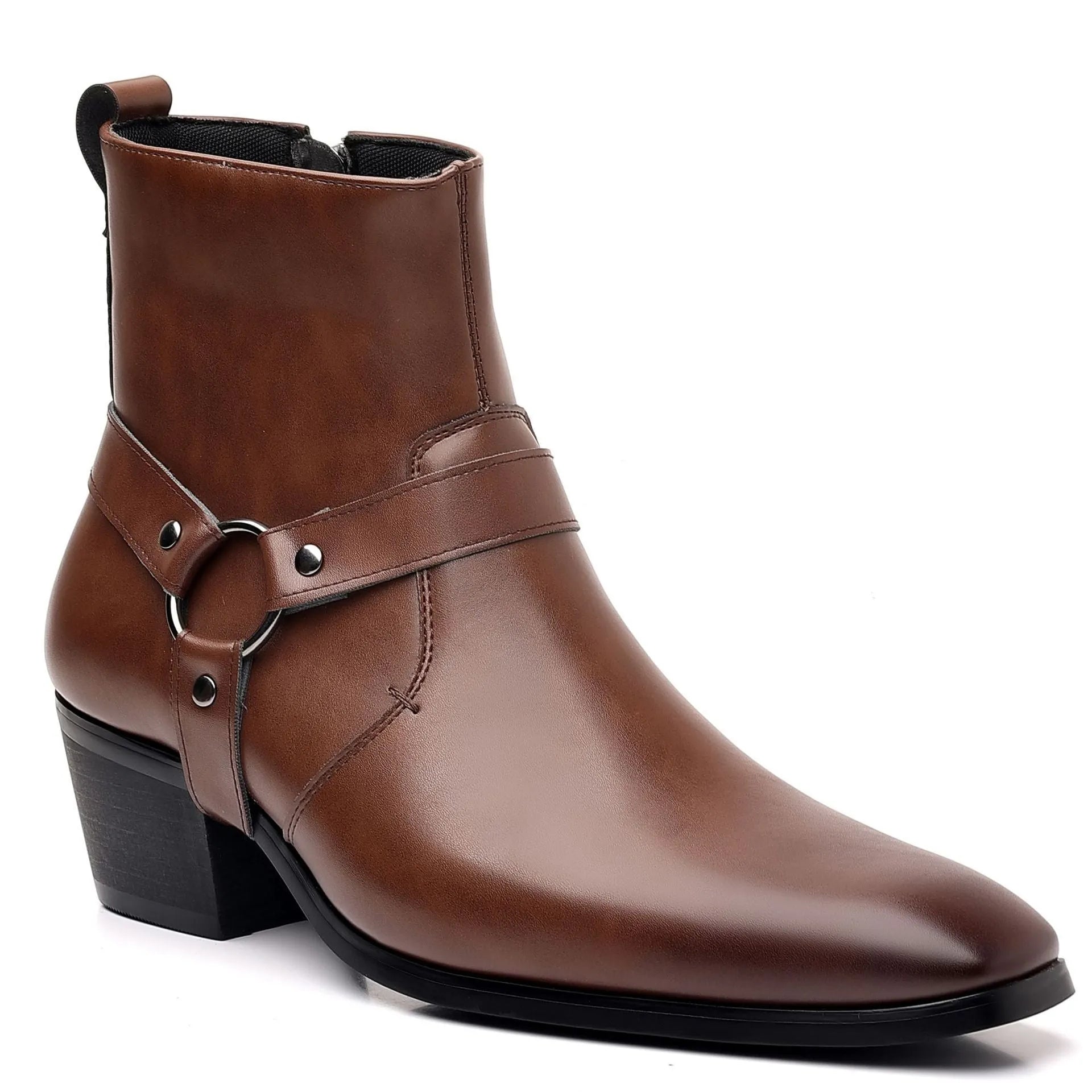 Black unisex ankle boot with side zip, square toe, and rivet details on a rubber sole.