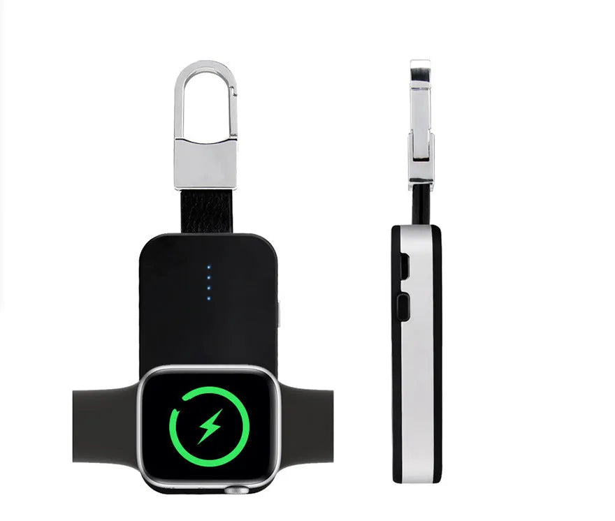 Black portable keychain power bank for wireless charging of an Apple Watch.