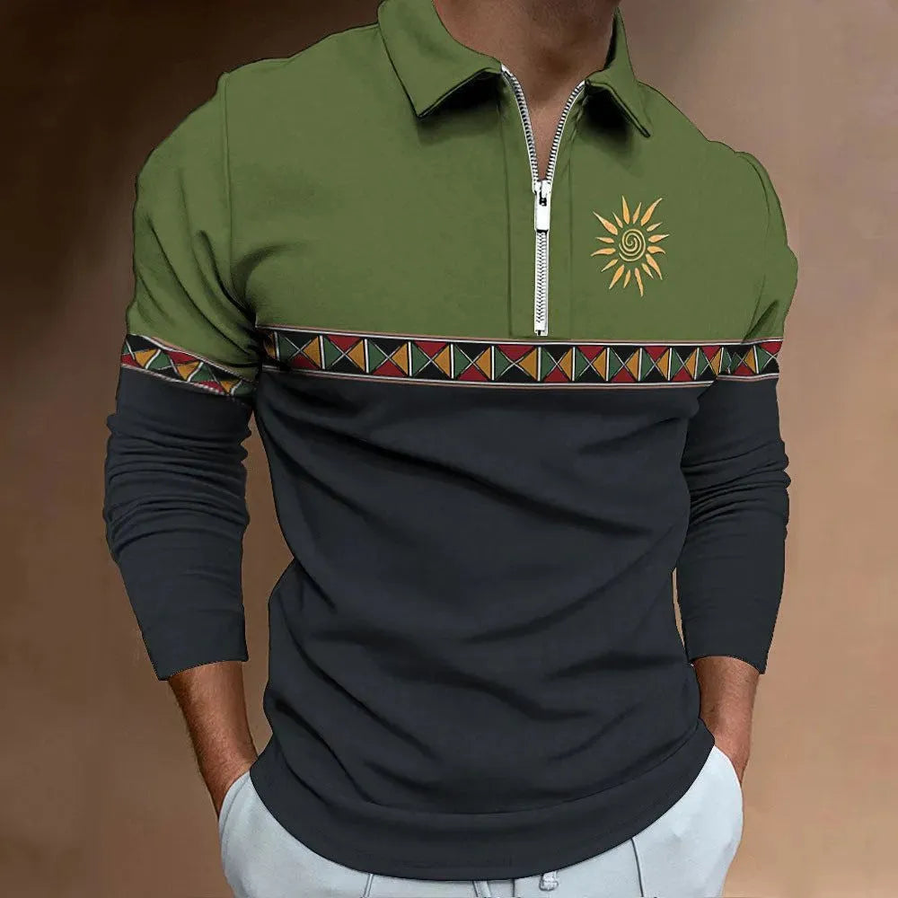 Man modelling a men's long-sleeved retro print golf t-shirt with zip decoration in a loose fit.