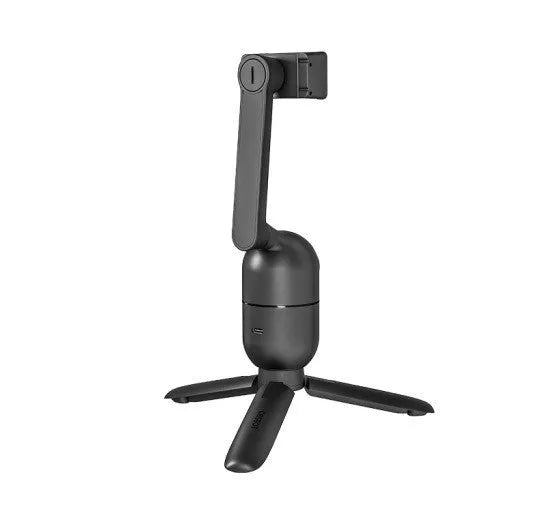 Black mobile phone bracket with face following and PTZ tripod, shown folded and unfolded with included accessories.