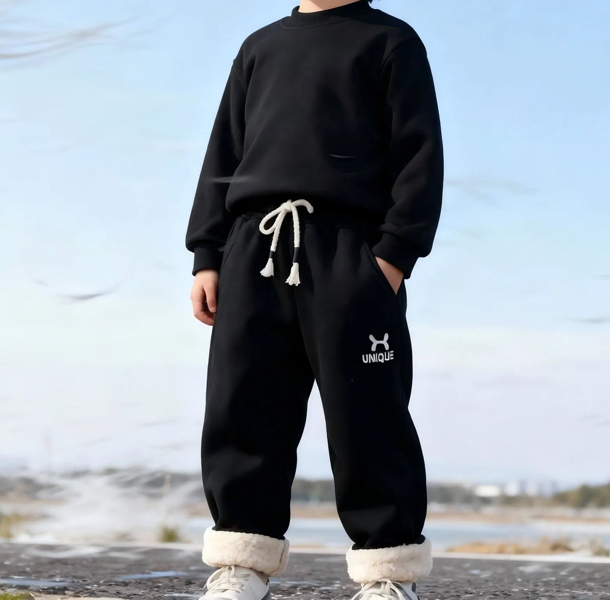 Children's trousers with drawstring waist and ribbed hem, sizes 22-26, black or blue, 96% polyester 4% spandex