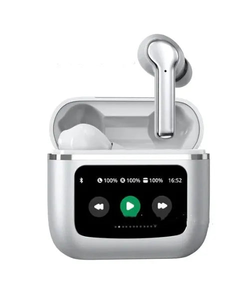 T68 PRO wireless Bluetooth in-ear headset with touch colour screen in black, silver, and champagne colours.