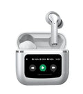 T68 PRO wireless Bluetooth in-ear headset with touch colour screen in black, silver, and champagne colours.