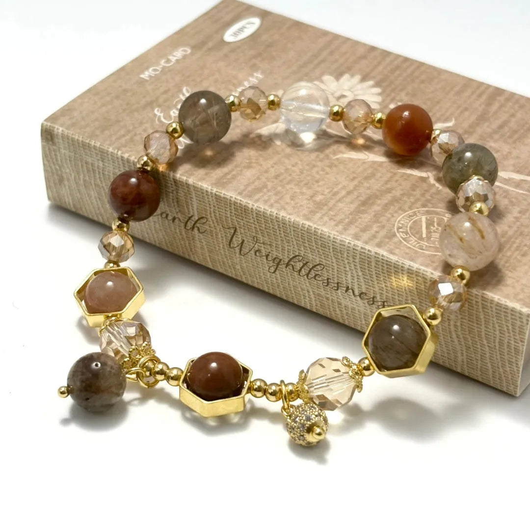 Gold colour citrine crystal bracelet with 8mm beads featuring Chinese auspicious symbols including Ruyi and Fu character