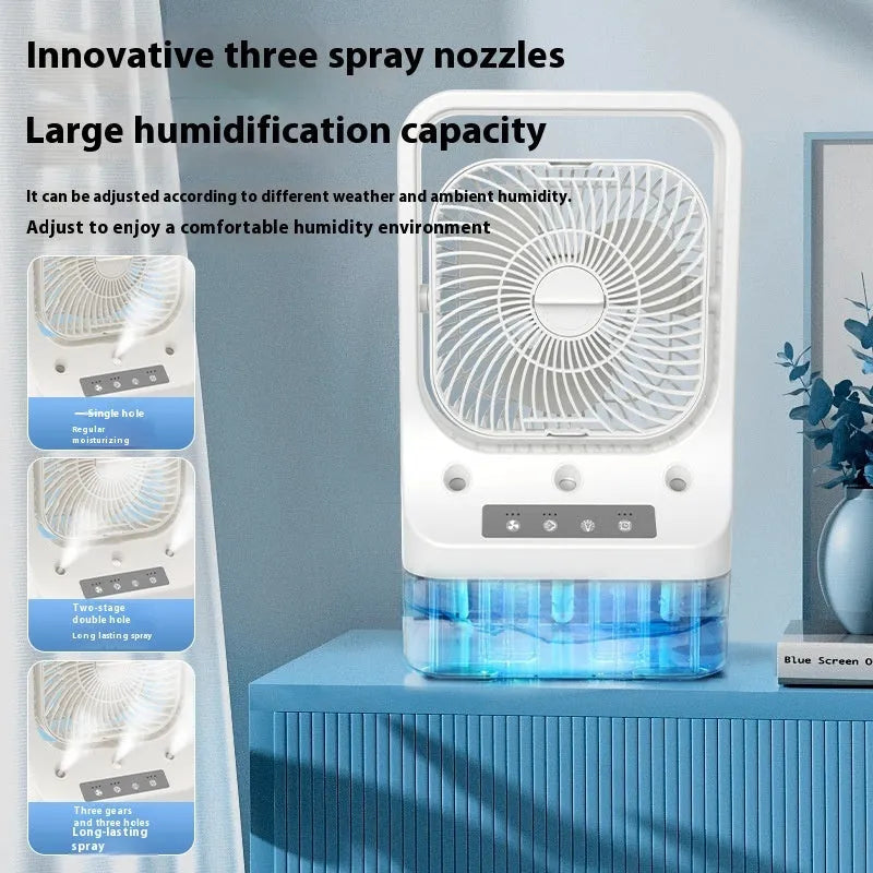 White USB rechargeable desk cooling fan with water tank and adjustable head