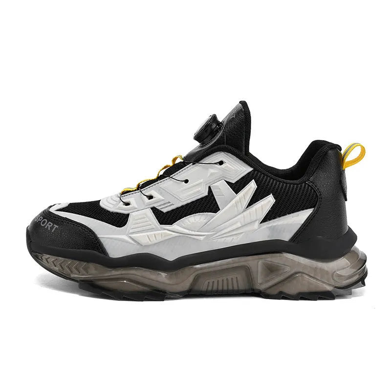 Men's black casual shoes with rotating button fastening and a low platform sole.