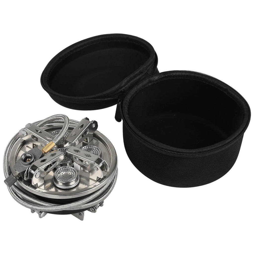 Silver portable split camping stove with stainless steel body and a long black flexible hose.