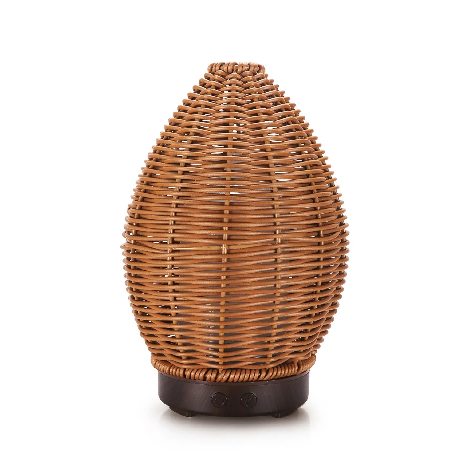 Hollow rattan aroma diffuser with light wood grain base showing 100ml capacity ultrasonic unit