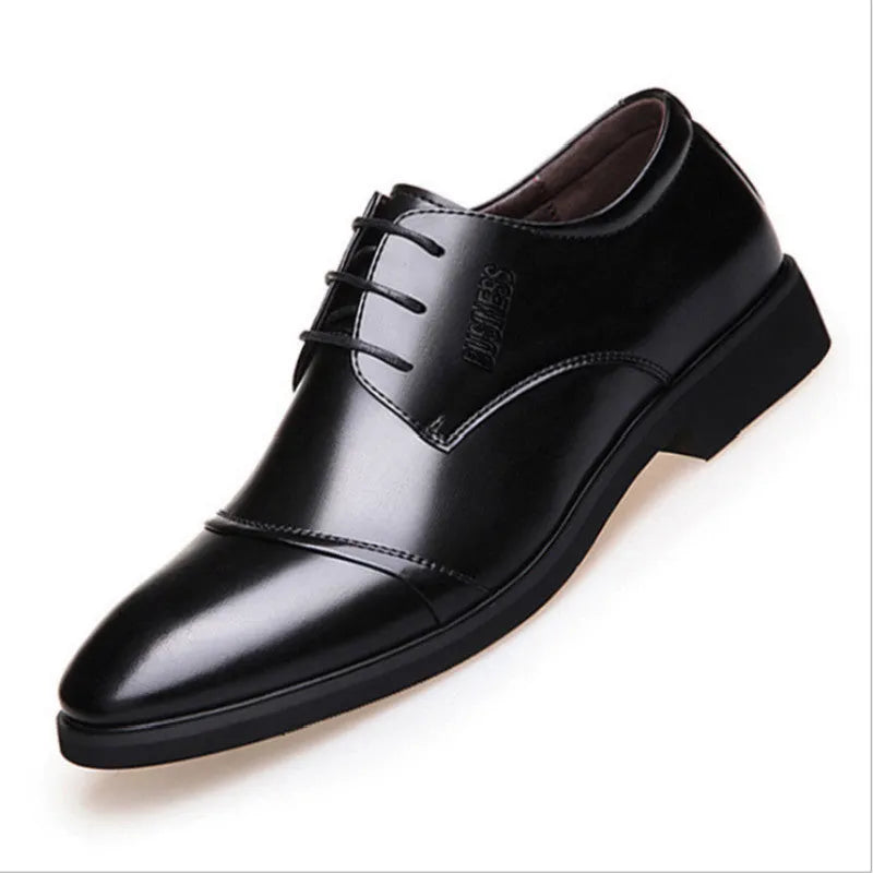 Men's black formal lace-up shoes with stitching details on PU leather upper
