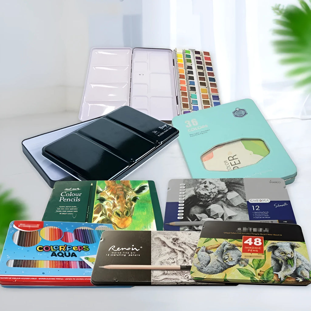 Tinplate watercolour paint box showing three-fold design and three size options