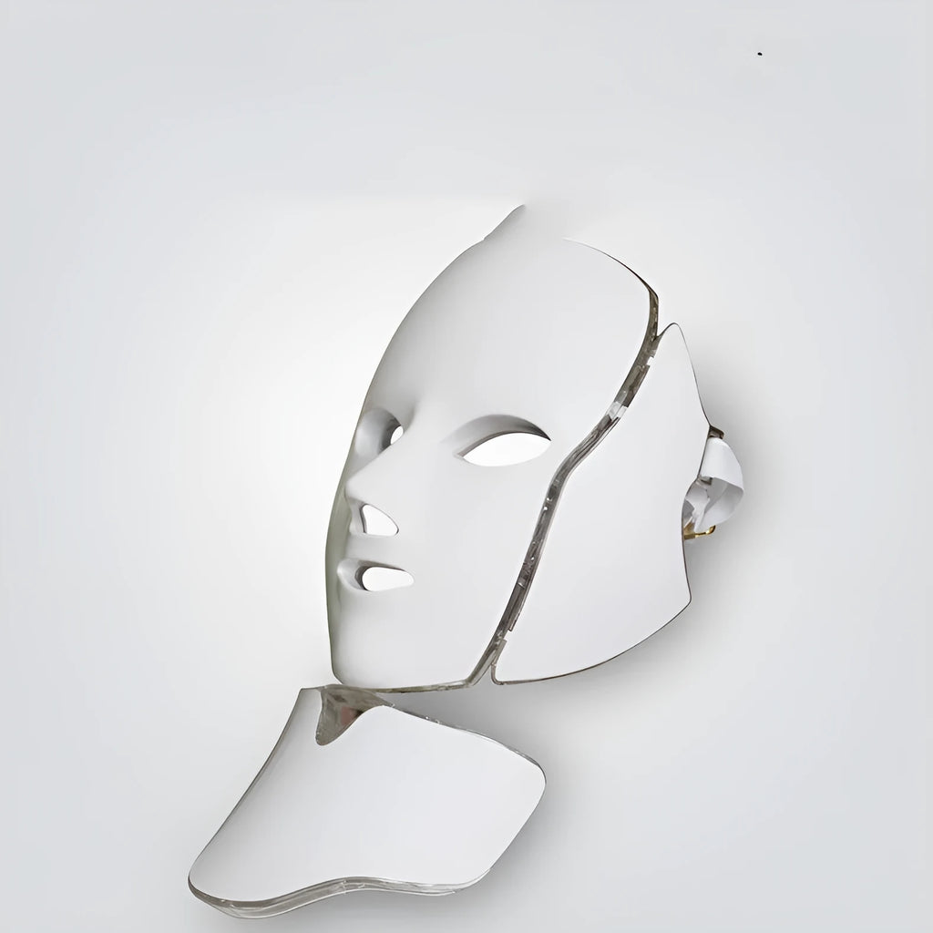 LED colour light mask beauty instrument with 7 coloured lights, compact 240x240x170mm size, on a clean surface with UK plug