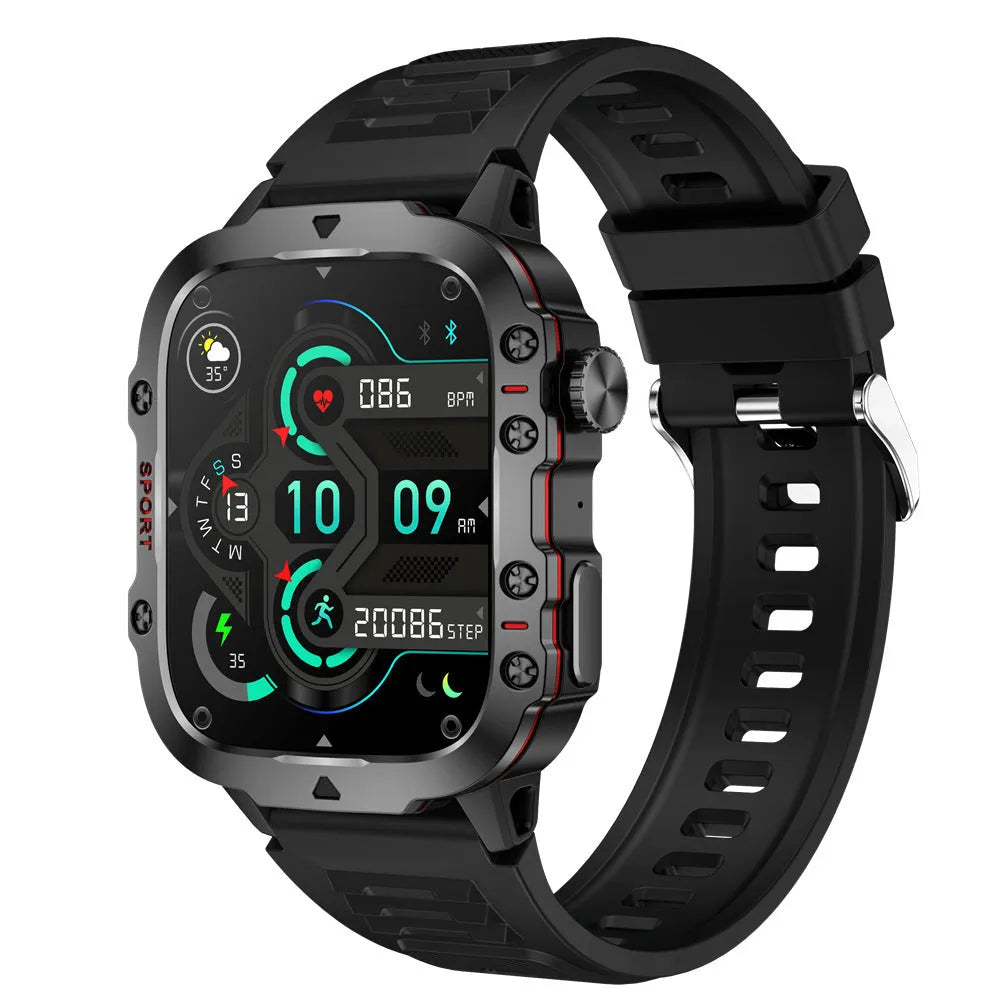 QX11 Smart Bluetooth Watch in black with zinc alloy case and leather strap showing touch screen display