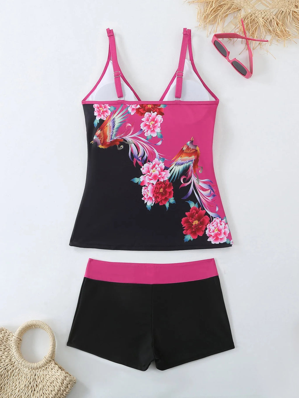 Plus size women's swimsuit set with brief-style top and matching swim shorts in black or rose red