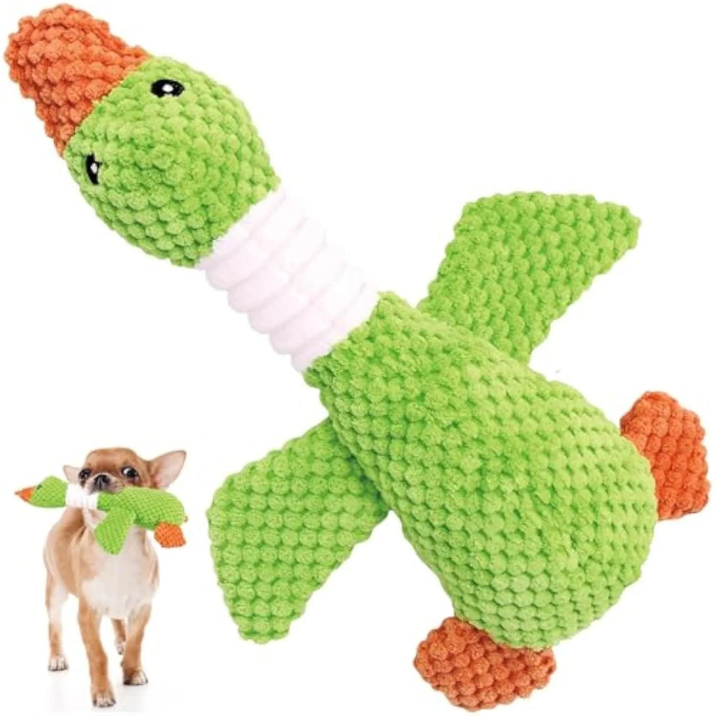 Blue duck-shaped plush dog toy with squeakers for chewing and interactive play