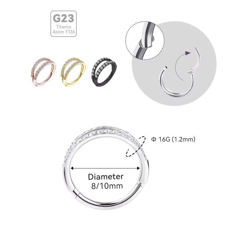 G23 titanium alloy nose ring with zircon detail in gold and steel colours, showing 1.0mm and 1.2mm diameter options.
