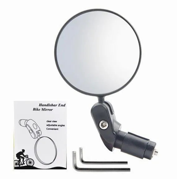 Black foldable convex rearview mirror showing 7cm diameter reflector and adjustable rotation mechanism