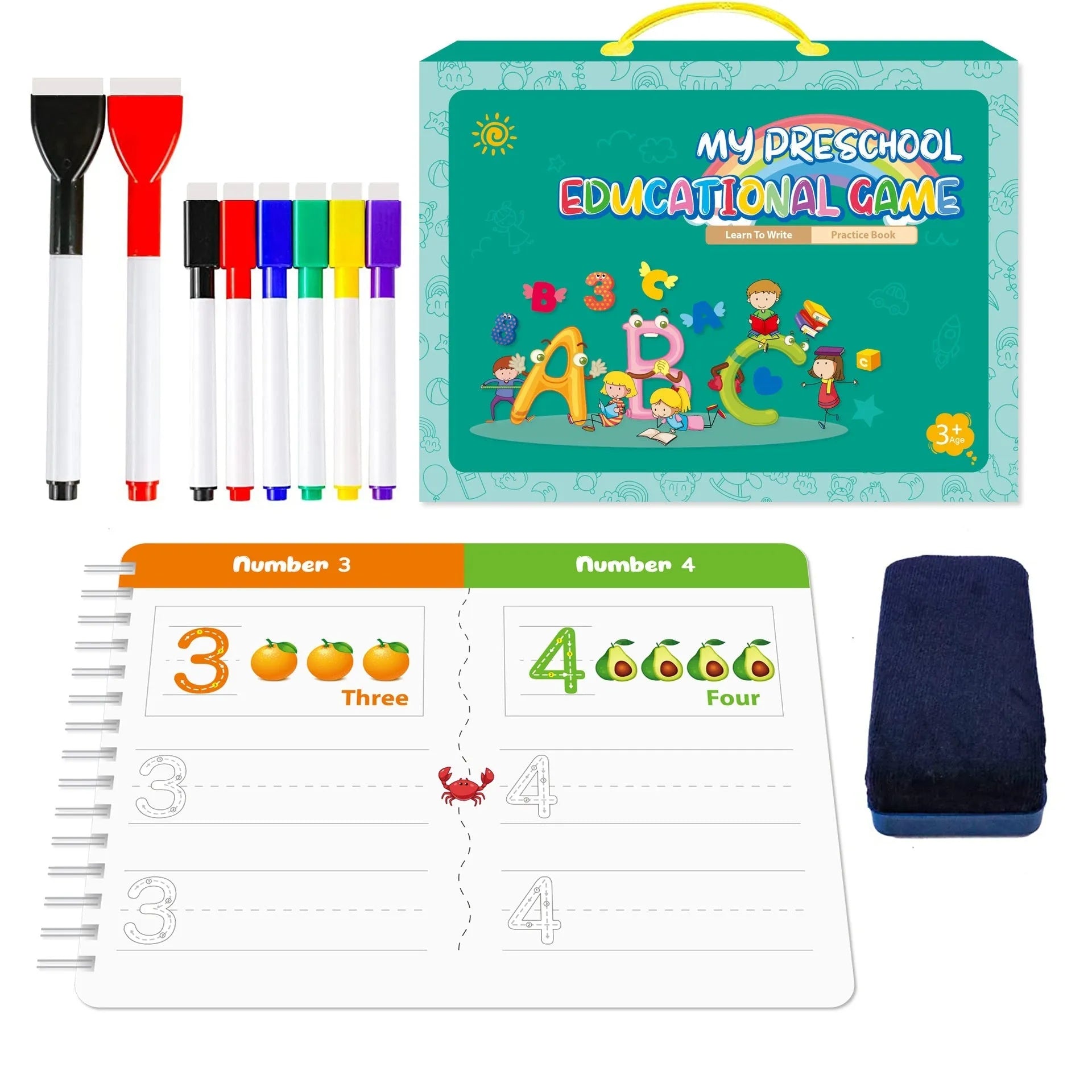 Montessori handwriting practice book with erasable pens and reward stickers for children