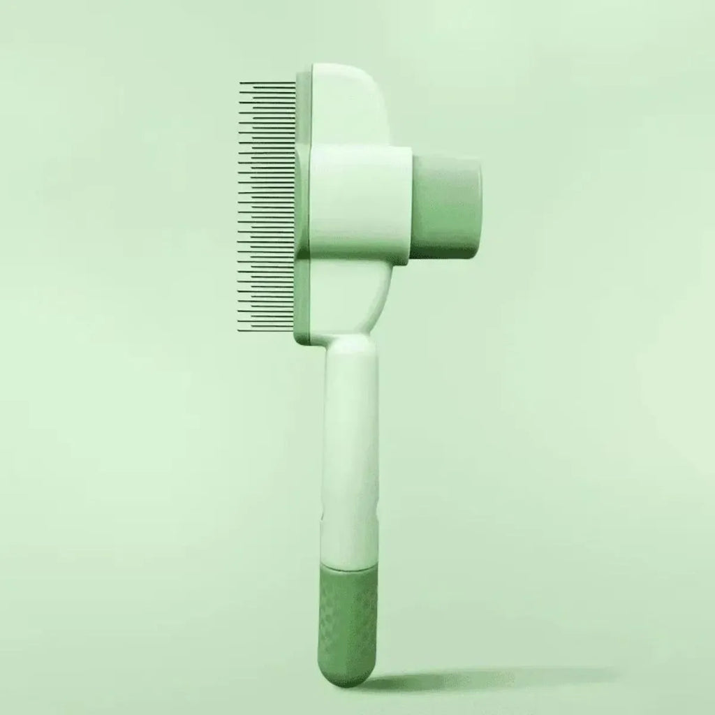 Green and yellow dog grooming brush with one-click hair removal and anti-mite function