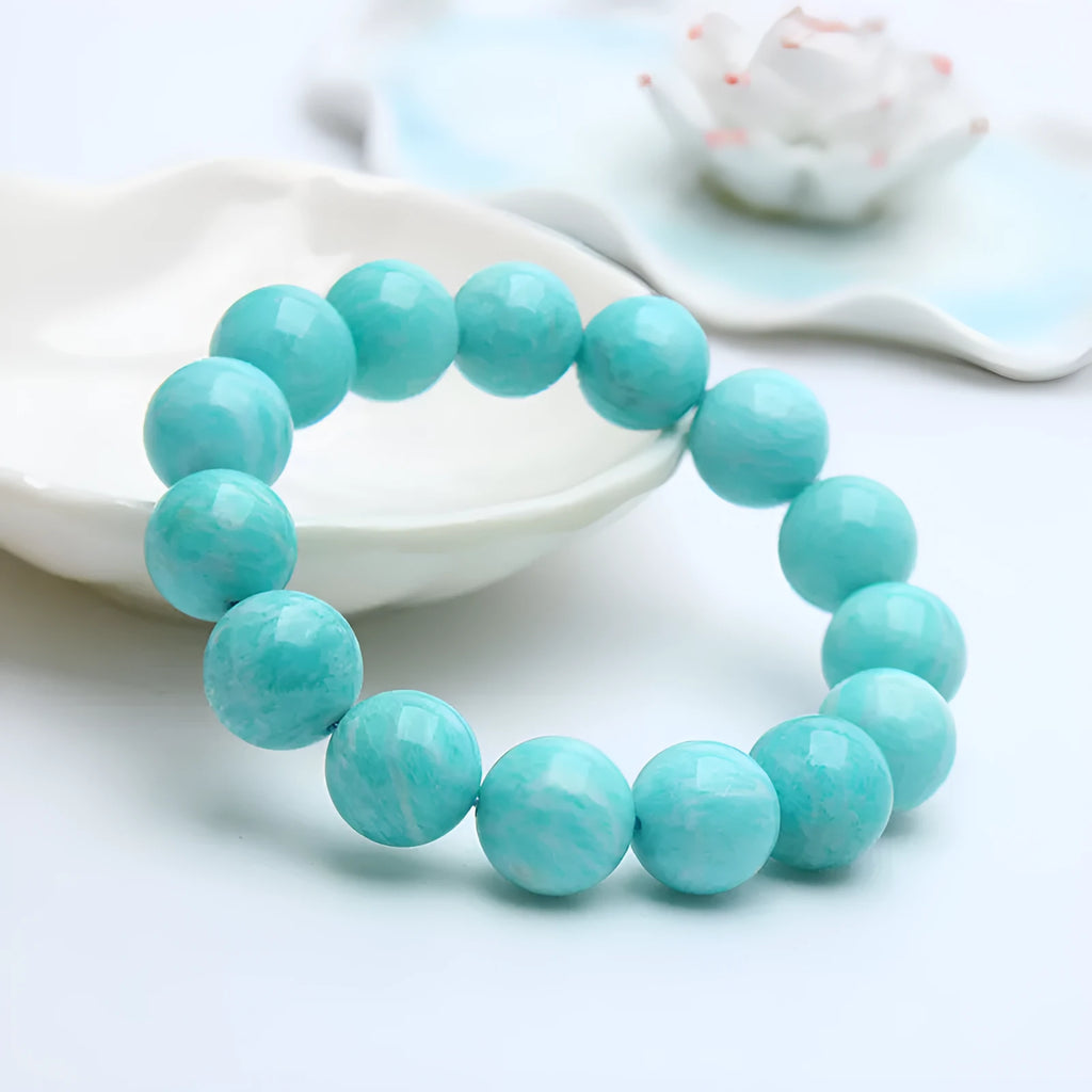 Natural amazonite bead bracelet on wrist showing stone colour and bead sizing