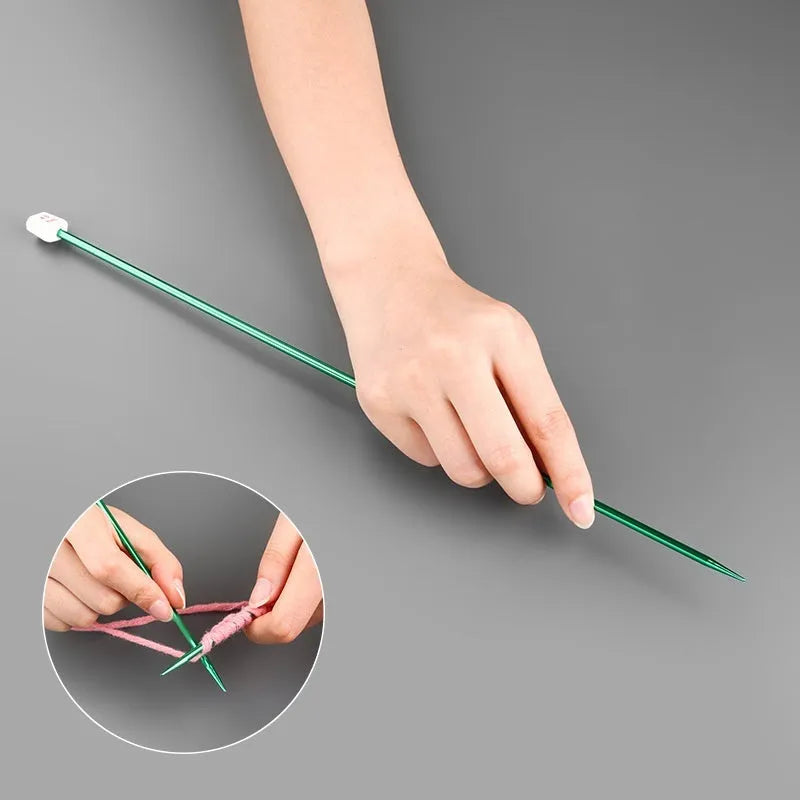 Lengthened crochet hook set showing 14 different sizes from 2.0mm to 10.0mm with protective end caps