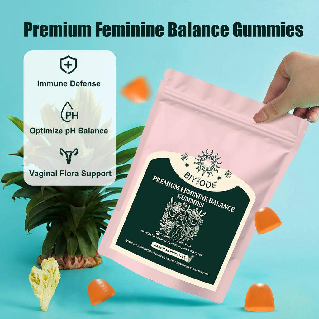 Feminine balance gummies with pineapple fruit powder and vitamin C, 60 gummies per bag, biyode brand