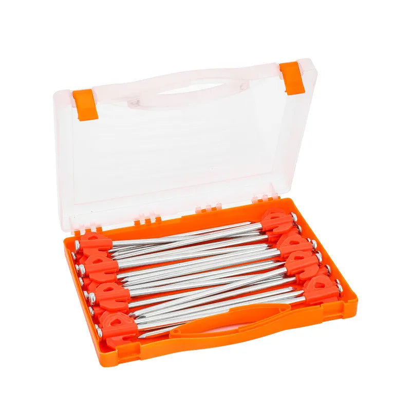 Boxed orange tent nail with small flat plastic head, 6.5 x 20.5mm camping ground stake
