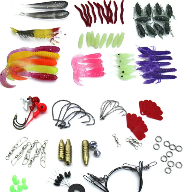 132-piece fishing lure set with soft baits and hooks in rose red treasure packaging