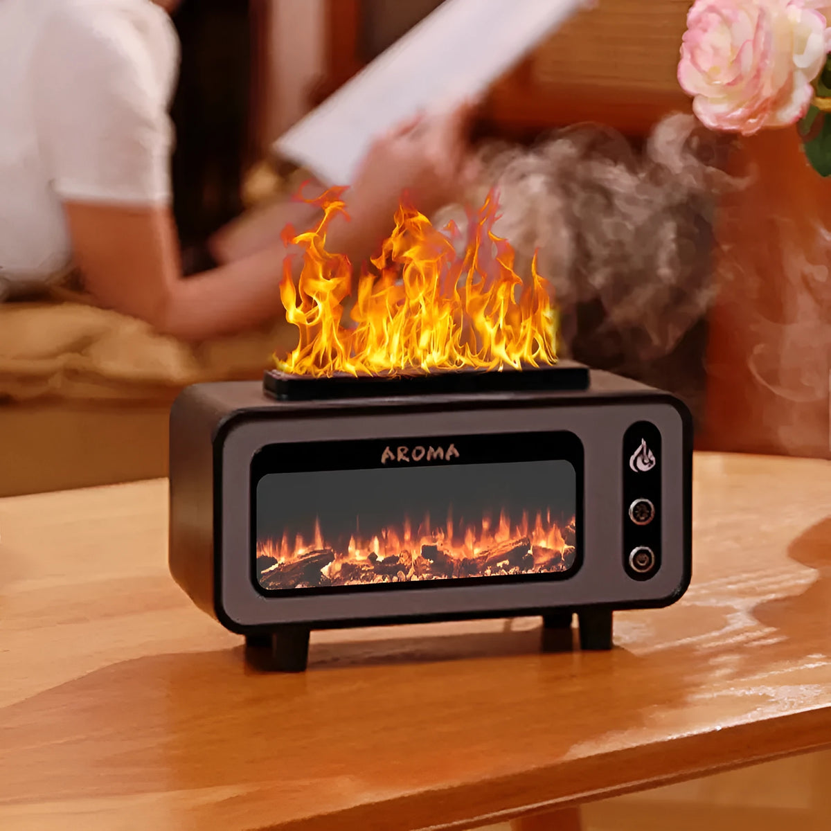 Black ultrasonic flame humidifier 200ml with 3D fireplace effect and 7-colour LED light, 210*80*118mm