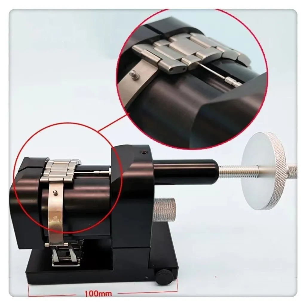 Alloy steel watch strap removal machine and tool set for professional watch repair.
