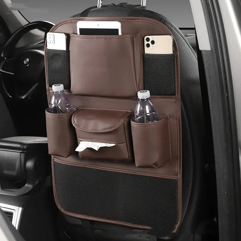 Genuine leather car seat back storage bag in black, grey, green, or brown colour options