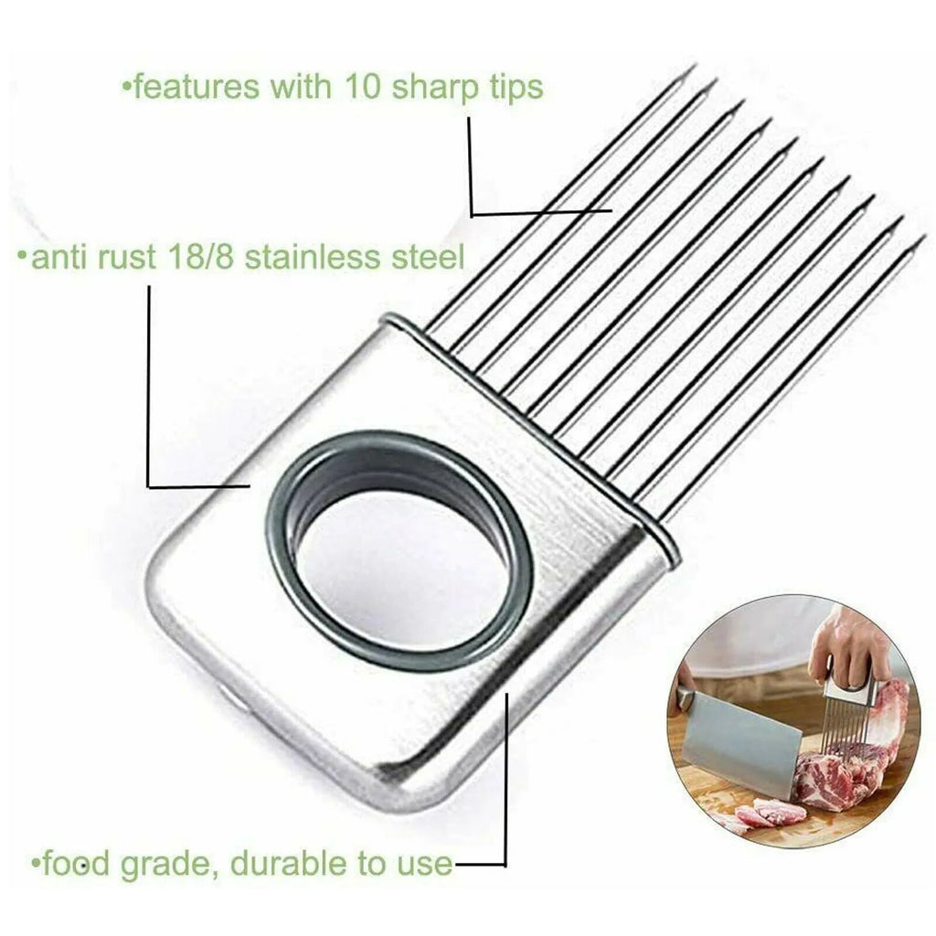 Stainless steel onion holder with sharp prongs and a red finger guard on a kitchen counter.