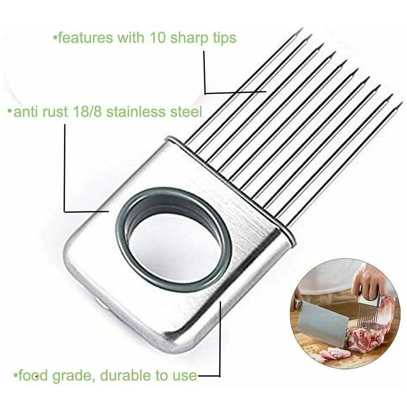 Stainless steel onion holder with sharp prongs and a red finger guard on a kitchen counter.