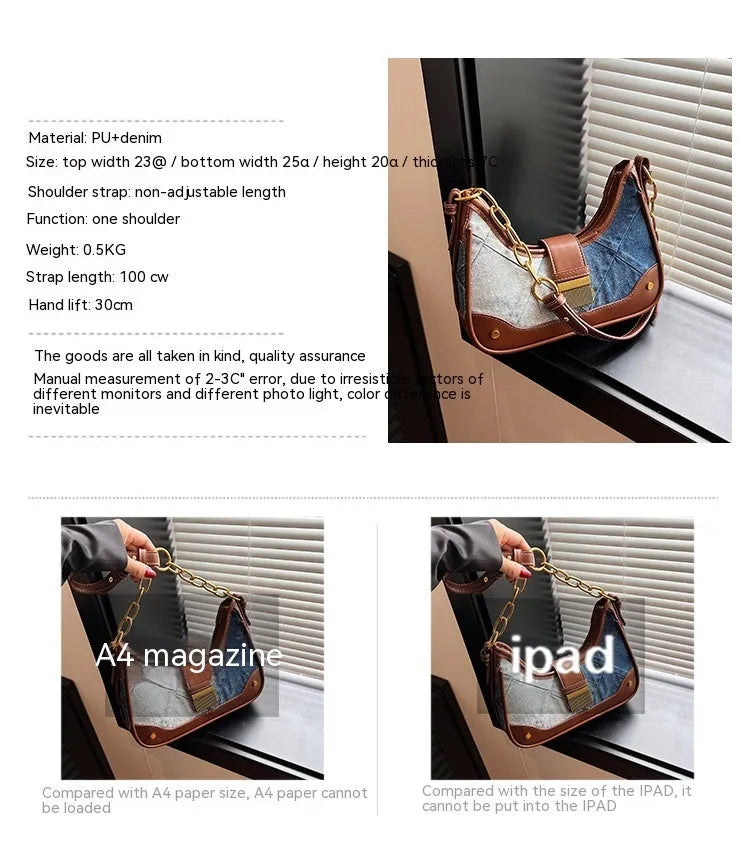 Brown denim women's bucket shoulder bag with diamond mesh detail and chain strap connector.