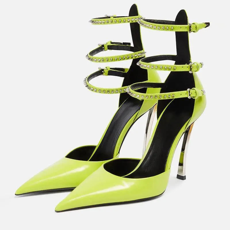 Pointed toe high heel single shoes with metal hollow belt buckle and wrapped toe, 6-8cm profiled heel