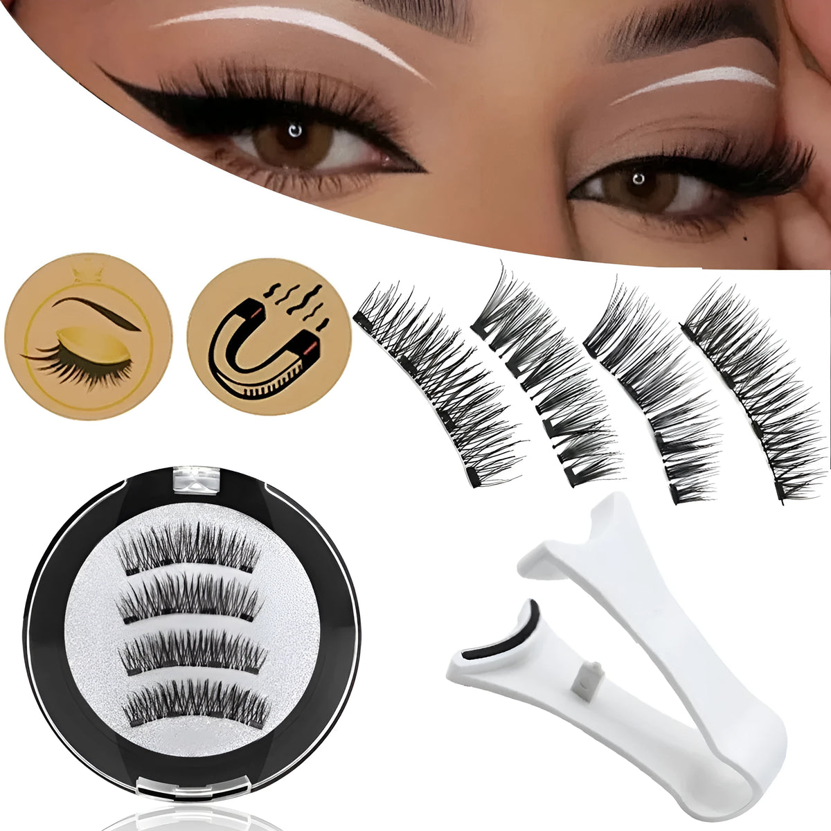 Magnetic false eyelashes with white curler, high-grade fibre, reusable, includes eyelash clip, natural look