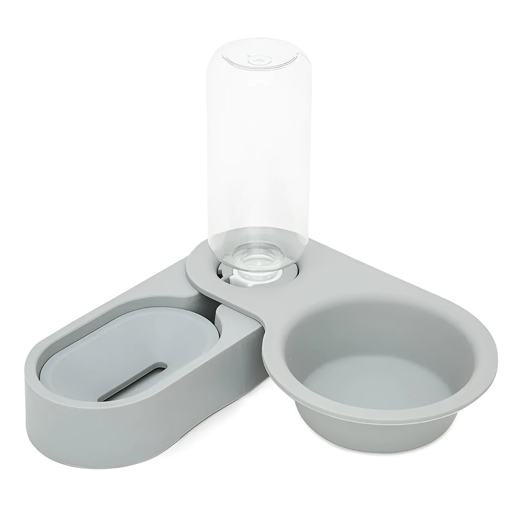 Cat automatic drinking water bowl with rotatable design, two bowls, in grey PET and HIPD material, corner shape