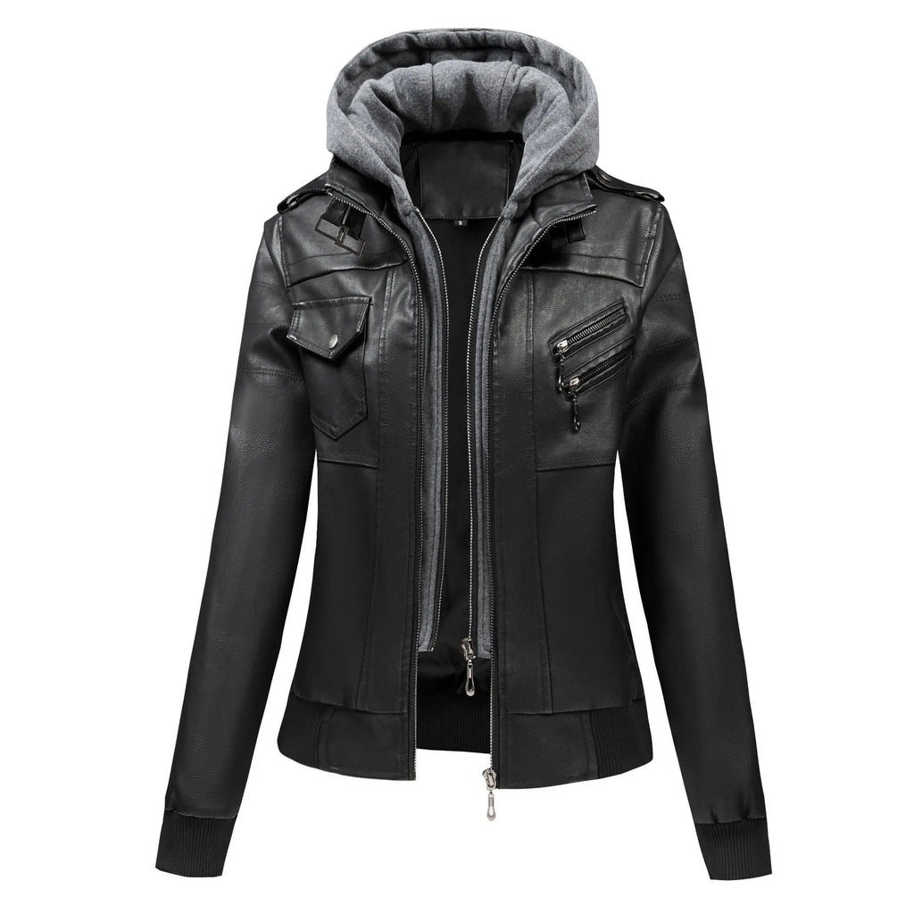 Women's black faux leather loose fit motorcycle jacket with pockets, street hipster style