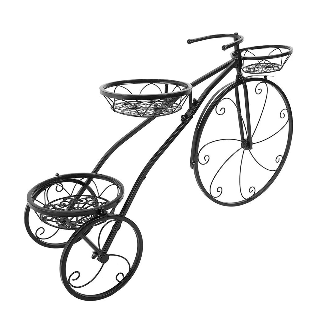 Black iron tricycle plant stand with three round basket holders for smaller planters in home, garden, or patio