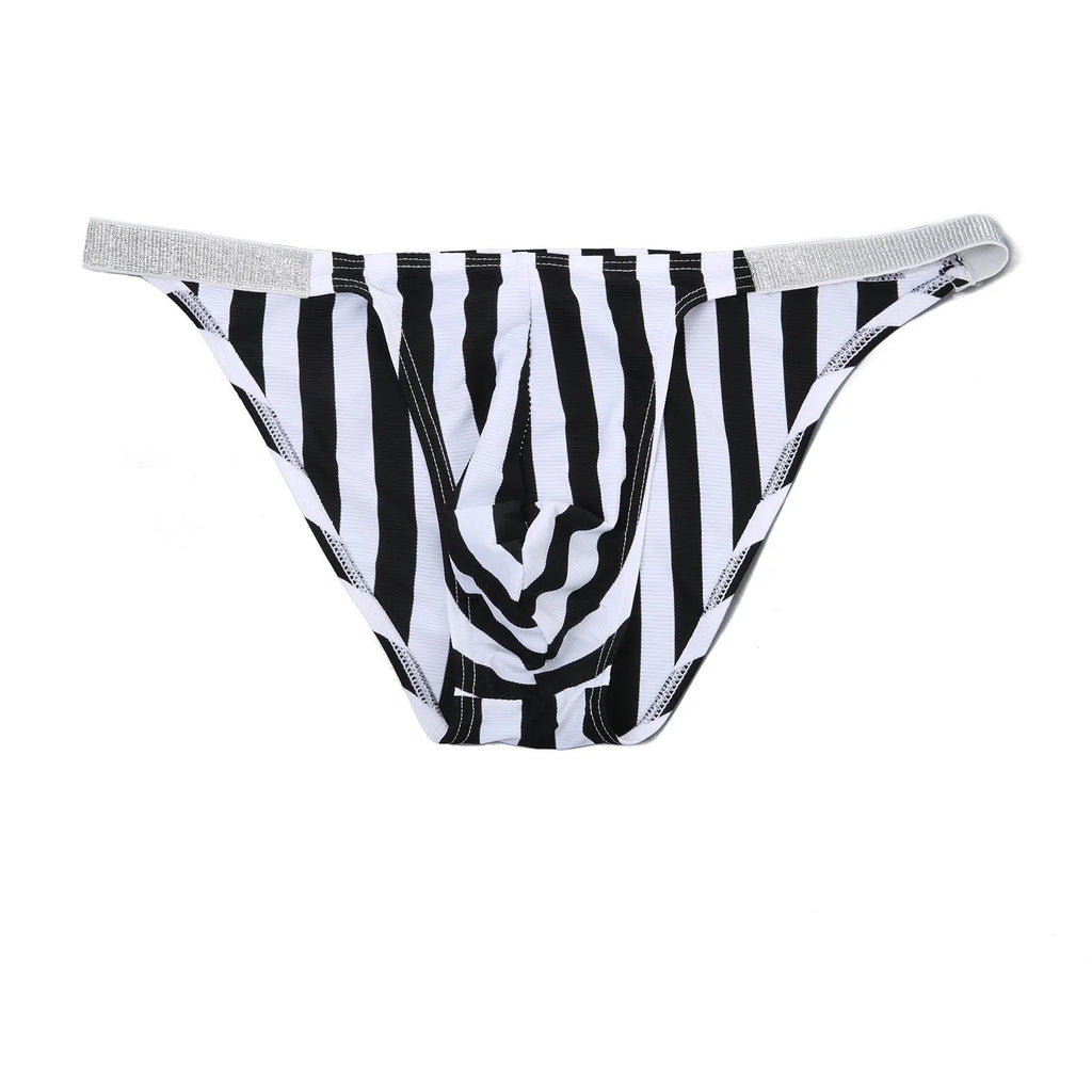 Men's zebra stripe pattern briefs in shiny nylon fabric with low-waist U-pouch design