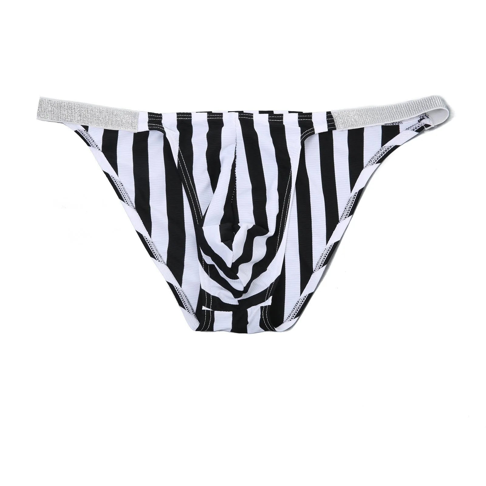 Men's zebra stripe pattern briefs in shiny nylon fabric with low-waist U-pouch design