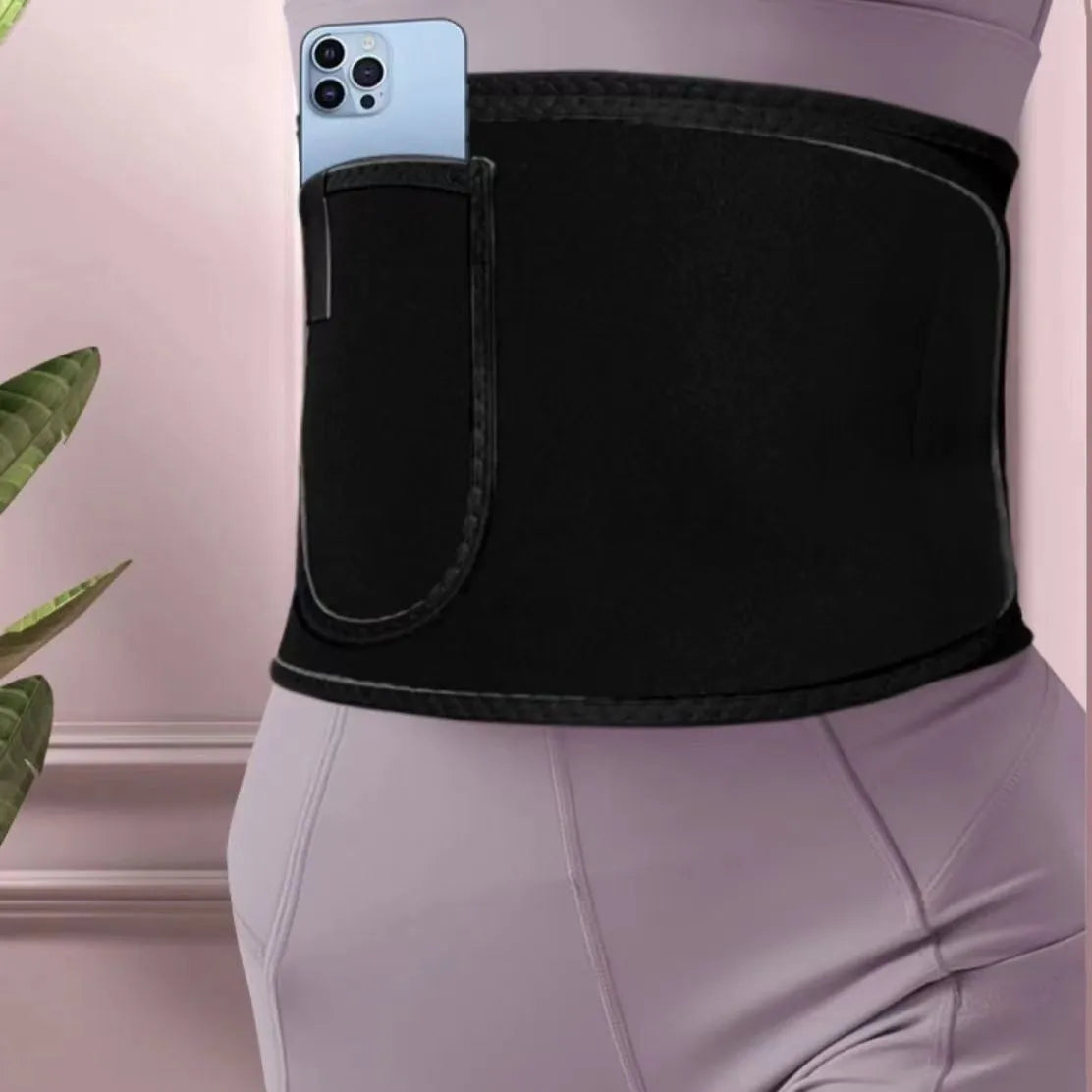 Rubber sweat waistband for fitness in black, with waist support and belly contracting design