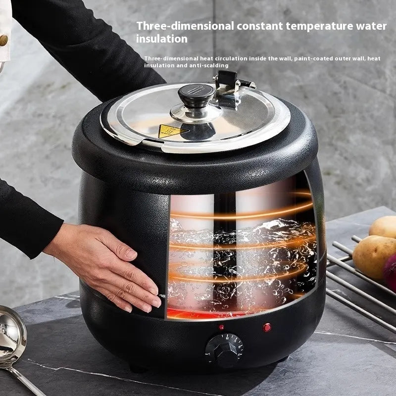Black 10 litre stainless steel insulation soup pot with steel cover and electric heating plug