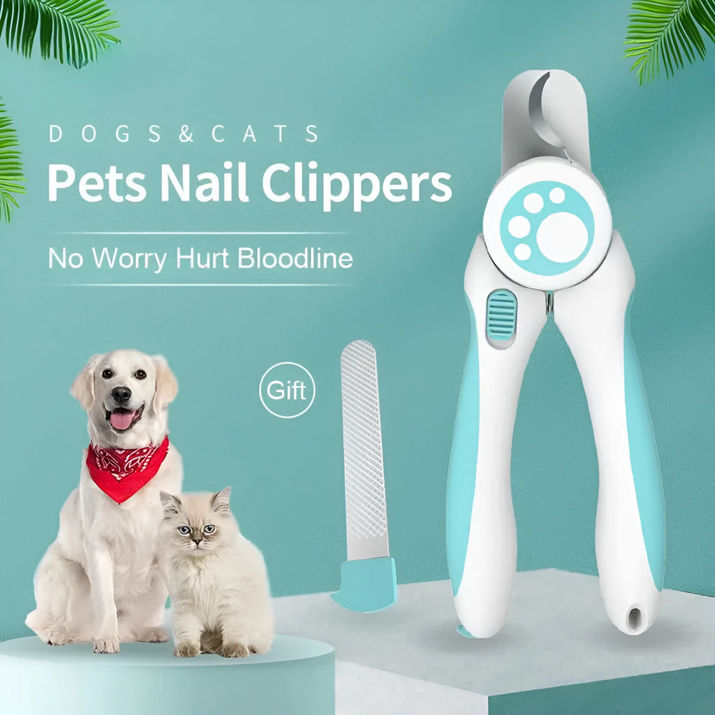 Blue and white pet nail clippers with stainless steel blade and safety stop for dogs and cats