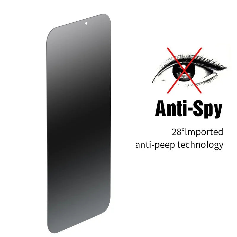 Anti-peeping tempered glass screen protector for iPhone shown with privacy angle effect.