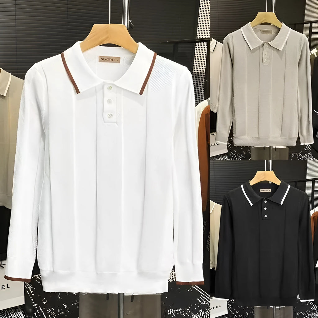 White cotton polo collar colour-blocking long sleeve knit sweater loose fit youth