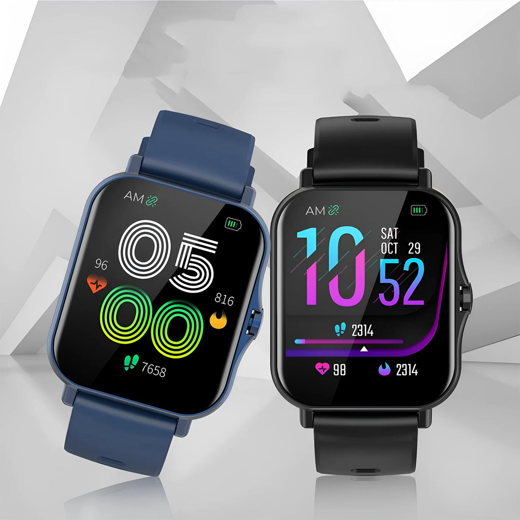 W10 Bluetooth smart watch with heart rate monitor on a wrist, showing a black colour option with a curved touch screen.