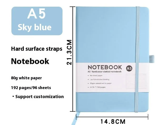 A5 soft touch PU leather strap diary open showing lined pages, closed with elastic band, in a choice of colours.