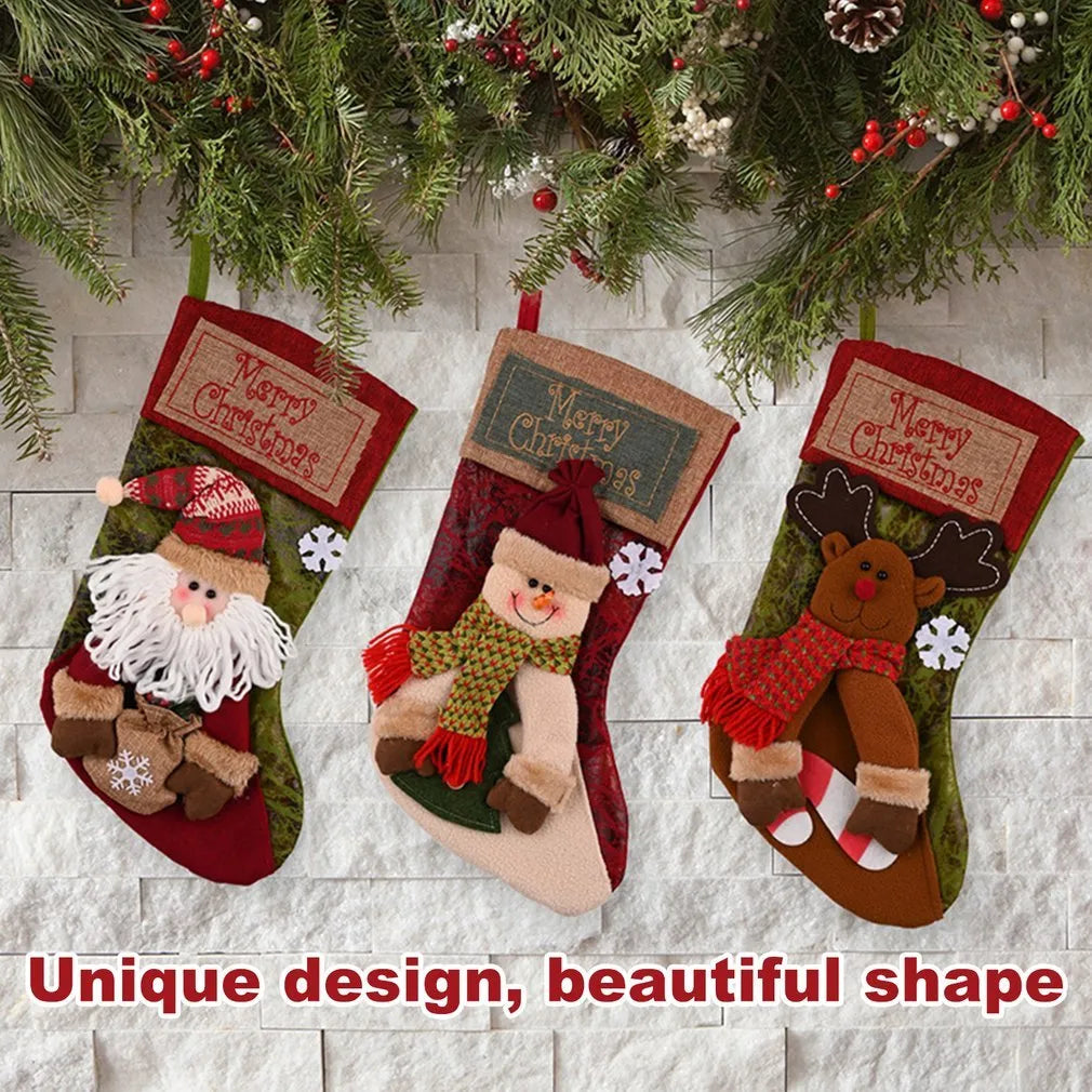 Christmas stocking with 3D appliqué snowman design, burlap fabric, and sturdy hanging loop